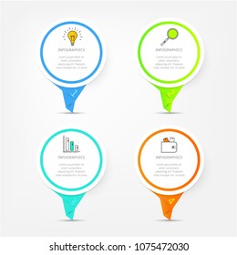 Set, group, collection of four modern labels, banners with numbers and simple line icons, isolated on bright background, for infographics, presentations, documents