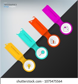 Set, group, collection of four modern labels, banners with numbers and simple line icons, isolated on bright background, for infographics, presentations, documents