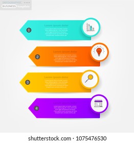 Set, group, collection of four modern labels, banners with numbers and simple line icons, isolated on bright background, for infographics, presentations, documents