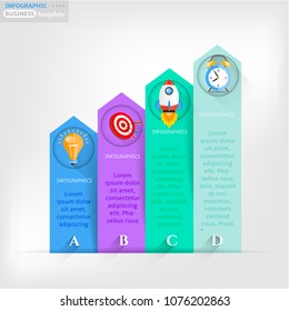 Set, group, collection of four modern labels, banners with numbers and simple colorful icons, isolated on bright background, for infographics, presentations, documents