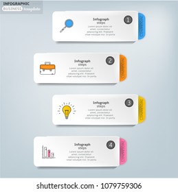 Set, group, collection of four modern labels, banners with numbers and simple line icons, isolated on bright background, for infographics, presentations, documents
