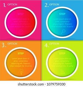 Set, group, collection of four modern labels, banners with numbers and simple line icons, isolated on bright background, for infographics, presentations, documents