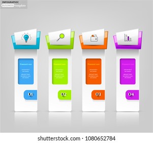 Set, group, collection of four modern labels, banners with numbers and simple line icons, isolated on bright background, for infographics, presentations, documents