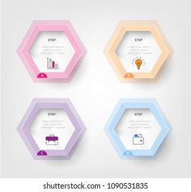 Set, group, collection of four modern labels, banners with numbers and simple line icons, isolated on bright background, for infographics, presentations, documents