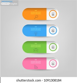 Set, group, collection of four modern labels, banners with numbers and simple line icons, isolated on bright background, for infographics, presentations, documents