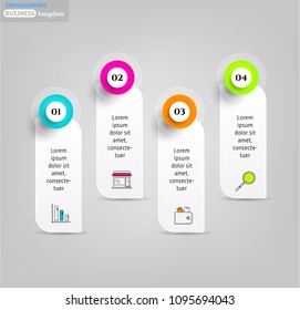 Set, group, collection of four modern labels, banners with numbers and simple line icons, isolated on bright background, for infographics, presentations, documents