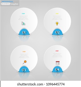 Set, group, collection of four modern labels, banners with numbers and simple line icons, isolated on bright background, for infographics, presentations, documents