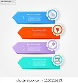Set, group, collection of four modern labels, banners with numbers and simple line icons, isolated on bright background, for infographics, presentations, documents