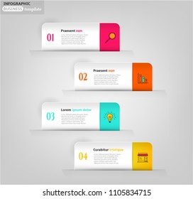 Set, group, collection of four modern labels, banners with numbers and simple line icons, isolated on bright background, for infographics, presentations, documents