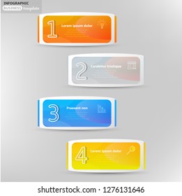 Set, group, collection of four modern labels, banners with numbers and simple line icons, isolated on bright background, for infographics, presentations, documents