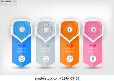 Set, group, collection of four modern labels, banners with numbers and simple line icons, isolated on bright background, for infographics, presentations, documents