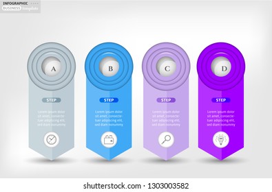 Set, group, collection of four modern labels, banners with numbers and simple line icons, isolated on bright background, for infographics, presentations, documents