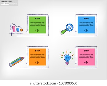 Set, group, collection of four modern labels, banners with numbers and simple line icons, isolated on bright background, for infographics, presentations, documents