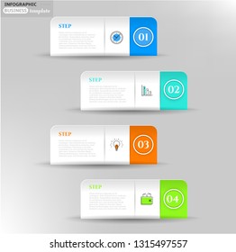 Set, group, collection of four modern labels, banners with numbers and simple line icons, isolated on bright background, for infographics, presentations, documents