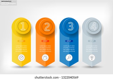 Set, group, collection of four modern labels, banners with numbers and simple line icons, isolated on bright background, for infographics, presentations, documents