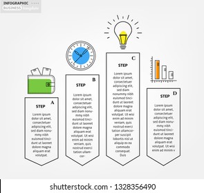 Set, group, collection of four modern labels, banners with numbers and simple line icons, isolated on bright background, for infographics, presentations, documents