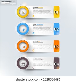 Set, group, collection of four modern labels, banners with numbers and simple line icons, isolated on bright background, for infographics, presentations, documents