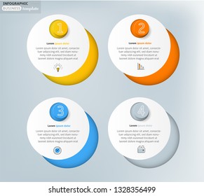 Set, group, collection of four modern labels, banners with numbers and simple line icons, isolated on bright background, for infographics, presentations, documents