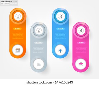 Set, group, collection of four modern labels, banners with numbers and simple line icons, isolated on bright background, for infographics, presentations, documents