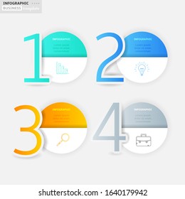 Set, group, collection of four modern labels, banners with numbers and simple line icons, isolated on white background, for infographics, presentations, documents