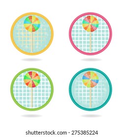 Set, group, collection of four modern, isolated, round, colorful icons, labels, stickers with lollipop, white background