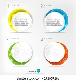 Set, group, collection of four, modern, colorful - yellow, green, orange, blue design template, numbered labels with text for infographics, presentations, reports, documents, gray background