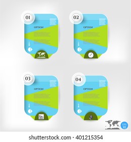 Set, group, collection of four modern, colorful - blue, green, white, design template, numbered labels, banners for infographic, presentations, reports, documents
