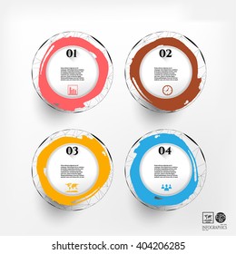 Set, group, collection of four modern, pink, brown, yellow, blue labels, banners with numbers and simple icons, isolated on bright background, for infographics, presentations, documents