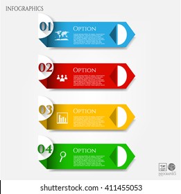Set, group, collection of four modern labels, banners with numbers and simple icons, isolated on bright background, for infographics, presentations, documents
