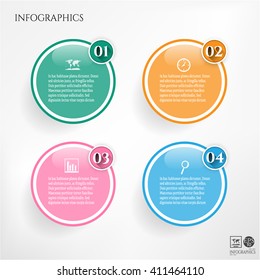Set, group, collection of four modern labels, banners with numbers and simple icons, isolated on bright background, for infographics, presentations, documents