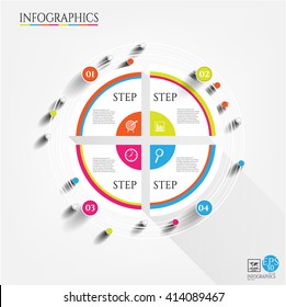 Set, group, collection of four modern labels, banners with numbers and simple icons, isolated on bright background, for infographics, presentations, documents
