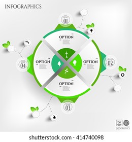 Set, group, collection of four modern labels, banners with numbers, green leaves and simple icons, isolated on bright background, for infographics, presentations, documents