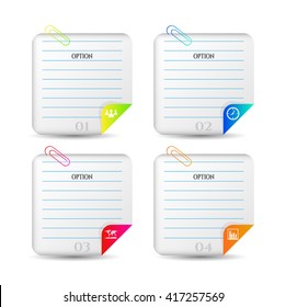 Set, group, collection of four modern labels, banners with numbers and simple icons, isolated on bright background, for infographics, presentations, documents