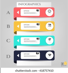 Set, group, collection of four modern labels, banners with numbers and simple icons, isolated on bright background, for infographics, presentations, documents