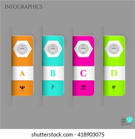Set, group, collection of four modern labels, banners with numbers and simple icons, isolated on bright background, for infographics, presentations, documents