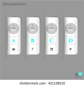 Set, group, collection of four modern labels, banners with numbers and simple icons, isolated on bright background, for infographics, presentations, documents