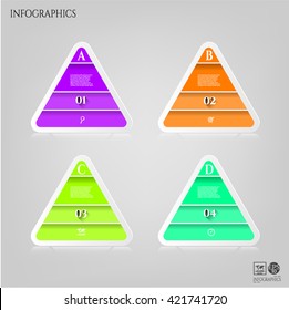 Set, group, collection of four modern labels, banners with numbers and simple icons, isolated on bright background, for infographics, presentations, documents