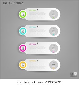 Set, group, collection of four modern labels, banners with numbers and simple icons, isolated on bright background, for infographics, presentations, documents