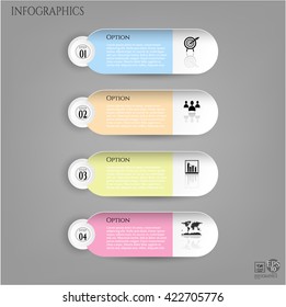 Set, group, collection of four modern labels, banners with numbers and simple icons, isolated on bright background, for infographics, presentations, documents