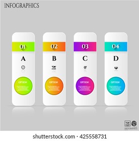 Set, group, collection of four modern labels, banners with numbers and simple icons, isolated on bright background, for infographics, presentations, documents