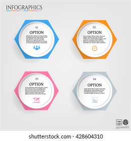 Set, group, collection of four modern labels, banners with numbers and simple icons, isolated on bright background, for infographics, presentations, documents