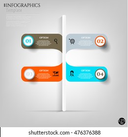 Set, group, collection of four modern labels, banners with numbers and simple black icons, isolated on bright background, for infographics, presentations, documents