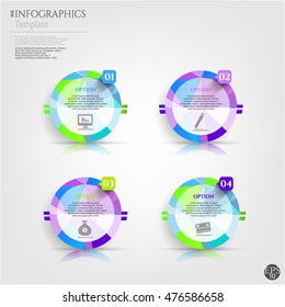 Set, group, collection of four modern labels, banners with numbers and simple icons, isolated on bright background, for infographics, presentations, documents