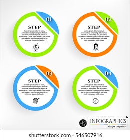 Set, group, collection of four modern labels, banners with numbers and simple icons, isolated on bright background, for infographics, presentations, documents