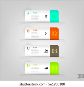 Set, group, collection of four modern labels, banners with numbers and simple icons, isolated on bright background, for infographics, presentations, documents