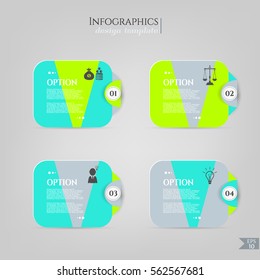 Set, group, collection of four modern labels, banners with numbers and simple icons, isolated on bright background, for infographics, presentations, documents