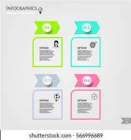 Set, group, collection of four modern labels, banners with numbers and simple icons, isolated on bright background, for infographics, presentations, documents