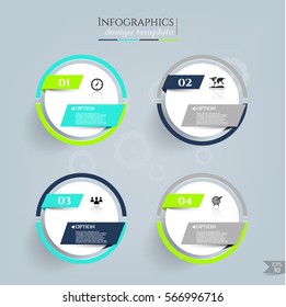 Set, group, collection of four modern labels, banners with numbers and simple icons, isolated on bright background, for infographics, presentations, documents