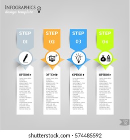Set, group, collection of four modern labels, banners with numbers and simple icons, isolated on bright background, for infographics, presentations, documents