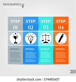 Set, group, collection of four modern labels, banners with numbers and simple icons, isolated on bright background, for infographics, presentations, documents